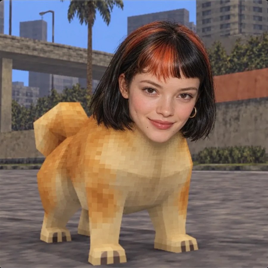 Claudia Dope: a smiling face with a black bob and orange streaks on a fluffy, pixelated doge body, standing on a sunny city street